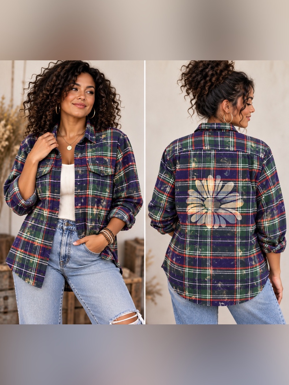 OOAK Upcycled Plaid Flannel Shirt Custom Bleached Flower Boho Size Small